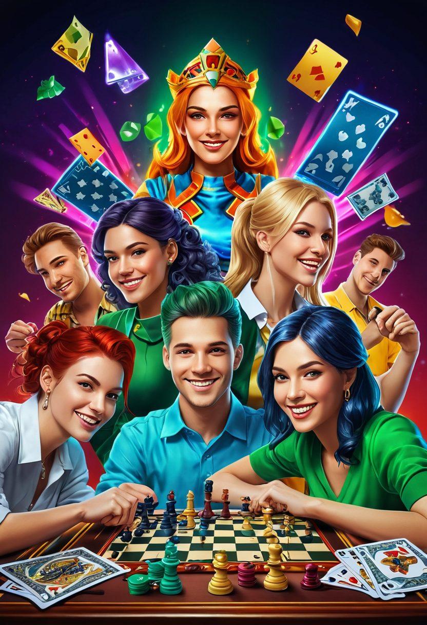 A vibrant scene depicting a diverse group of gamers joyfully engaged in online gambling, surrounded by colorful gaming avatars and virtual casino elements like cards, chips, and slots. The atmosphere is energetic and optimistic, with a glowing digital screen displaying a big win. The background features abstract representations of luck and strategy, such as four-leaf clovers and chess pieces. super-realistic. vibrant colors. digital art.