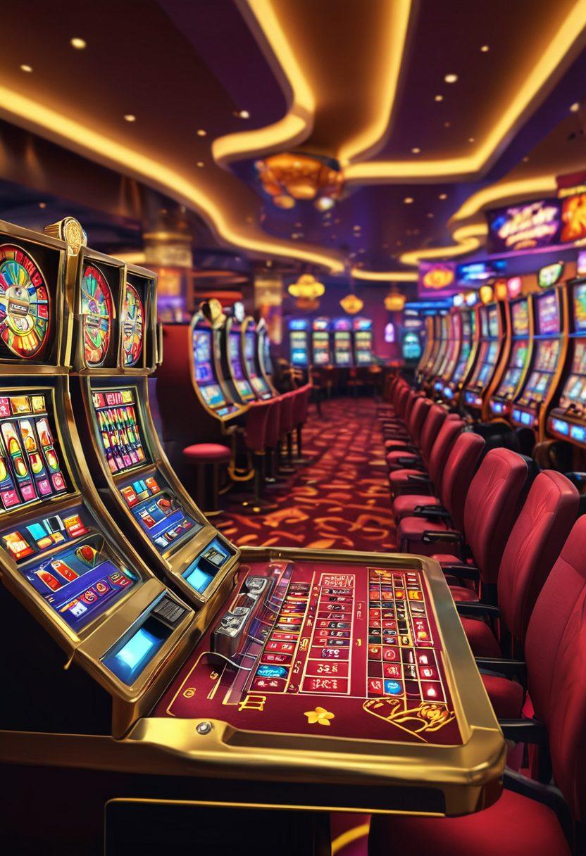 A vibrant and inviting scene of a digital casino environment, featuring colorful slot machines and a lively virtual gaming table filled with happy players. Include sparkling lights and dynamic visuals that evoke excitement and joy, with hints of gold coins and jackpot symbols floating around. The atmosphere should feel immersive and cheerful, drawing viewers into the world of online gaming. super-realistic. vibrant colors. 3D.