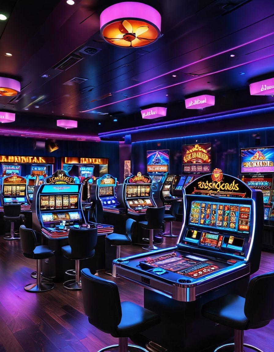 A vibrant scene of a bustling virtual casino filled with neon-lit slot machines and elegantly designed tabletop games. Include diverse players engaged in excitement, showcasing colorful chips and lively expressions. The background features a dazzling display of lights and digital screens displaying game scores. Capture an energetic atmosphere that invites viewers to join in the fun. super-realistic. vibrant colors. cyberpunk.